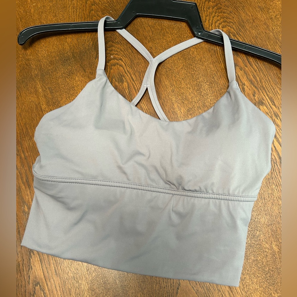 Gray Supportive Sports Bra for Active Comfort, extended coverage below bust.